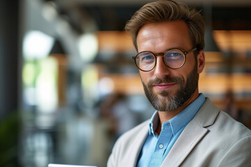 Fototapeta premium A confident male businessman with glasses poses in a modern office setting.