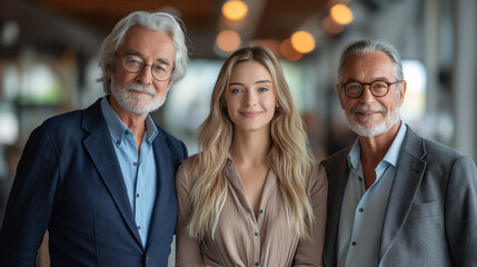 A portrait of three generations in a family business, radiating wisdom, experience, and youthful ambition.