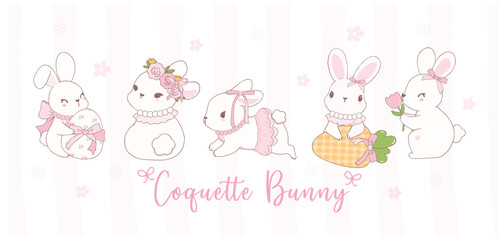 Cute Coquette bunnies with bow Cartoon banner, sweet Retro Happy Easter spring animal.