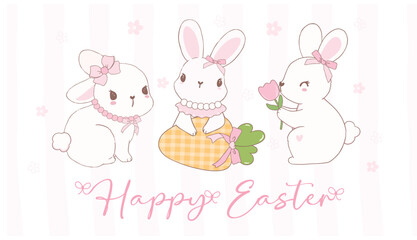 Obraz na płótnie Canvas Cute Coquette Easter bunnies wear bow Cartoon banner, sweet Retro Happy Easter spring animal.