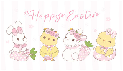 Cute Pink Coquette Easter bunnies and Chicks with Easter eggs Cartoon banner, sweet Retro Happy Easter spring animal Hand Drawing.