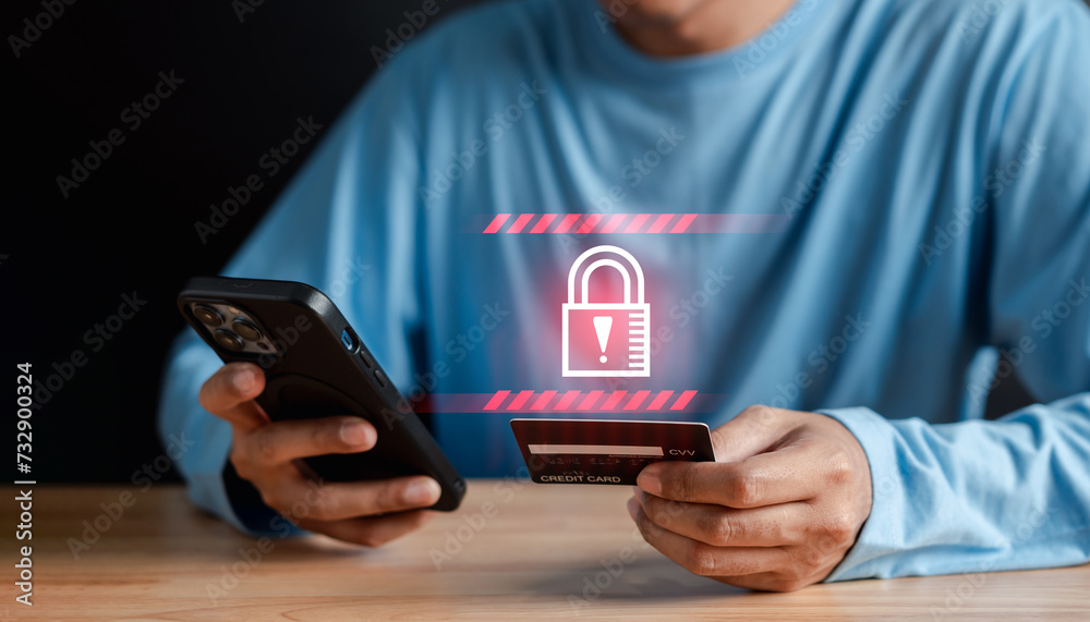 Aufkleber System warning caution sign on smartphone, scam virus attack on firewall for notification error and maintenance. Network security vulnerability, data breach, illegal connection and information danger.