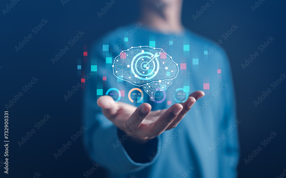 Poster businessman holding virtual hologram brain and target objective with ai technology for plan, thinkin