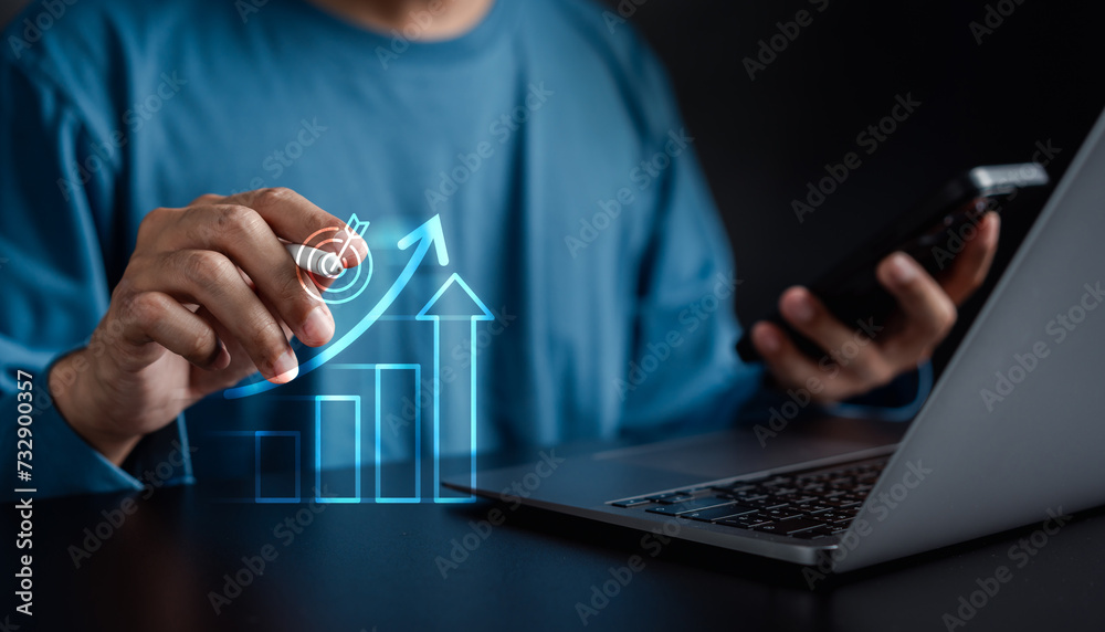 Aufkleber Business Chart Arrow Glowing on Stock market Analysis Data and Trading statistic value economic on hand index fund and money exchange business technology concept.