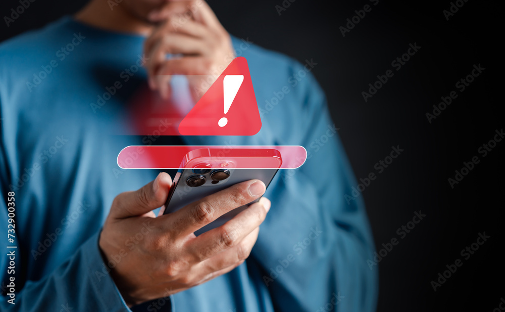 Poster System warning caution sign on smartphone, scam virus attack on firewall for notification error and maintenance. Network security vulnerability, data breach, illegal connection and information danger.