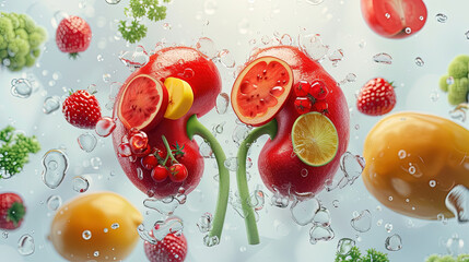 3d illustration of kidney with fruits and water - obrazy, fototapety, plakaty