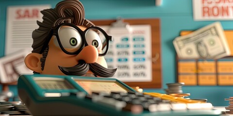 Tax accountant filing piles of paperwork at his desk. older man cartoon animation style