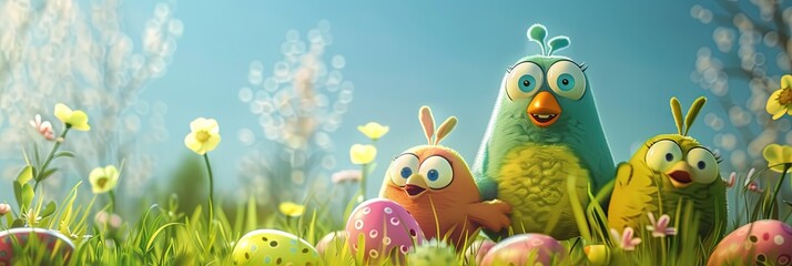 Fototapeta premium Easter bunny in a bright spring field with colorful flowers and clear afternoon skies.
