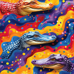 Fototapeta na wymiar Crocodiles line art pop art cartoon colorful repeat pattern, vibrant bright party funky kawaii