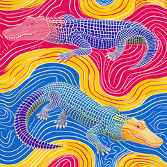Crocodiles line art pop art cartoon colorful repeat pattern, vibrant bright party funky kawaii	