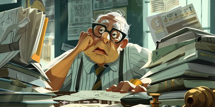 Tax accountant filing piles of paperwork at his desk. older man cartoon animation style