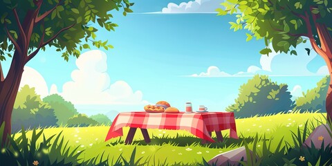 Picnic on a summer afternoon in nature with red and white checkered blanket - obrazy, fototapety, plakaty