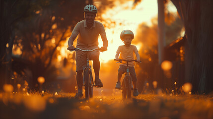 Learning, bicycle, and proud dad teaching his young son to ride while wearing a helmet for safety in their family home garden. 