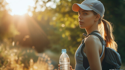 Drinking water, fitness, and exercise woman after sports run and training in nature. Workout,...