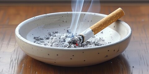 Lit cigarette smoking in ashtray