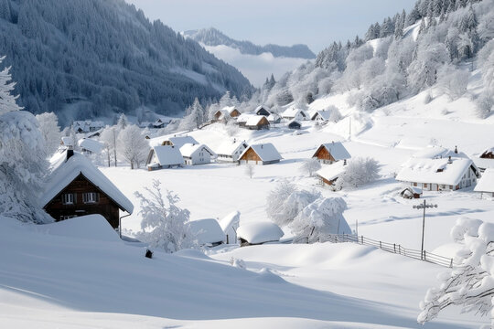 The Beautiful Winter Landscape of a Snow-Covered Mountain Village.