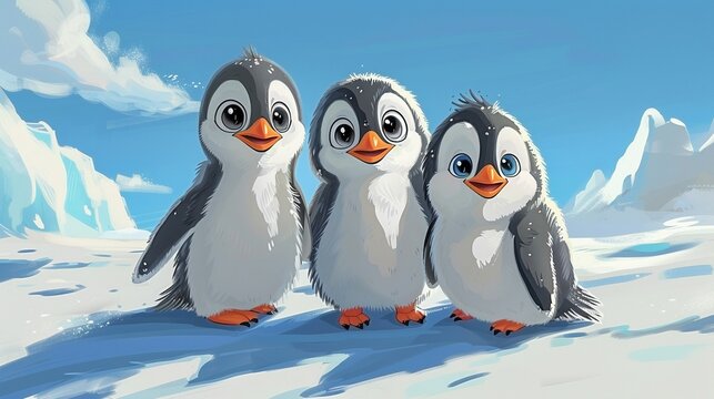 Three happy little penguins playing on the ice. Cartoon illustration