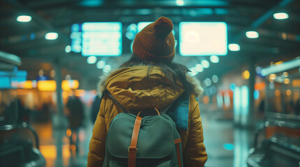 Travel, airport woman Backpack person at the airport terminal with soft bokeh, backside of women walking at airport - obrazy, fototapety, plakaty