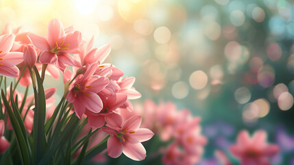 pink flowers in spring ,banner background with spring flowers and copy space 