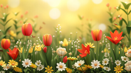 tulips in the garden banner background with spring flowers and copy space 
