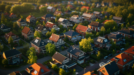 top view at a Dutch Suburban area with modern family houses, newly built modern family homes in the Netherlands, dutch family house, apartment house. Netherlands - obrazy, fototapety, plakaty