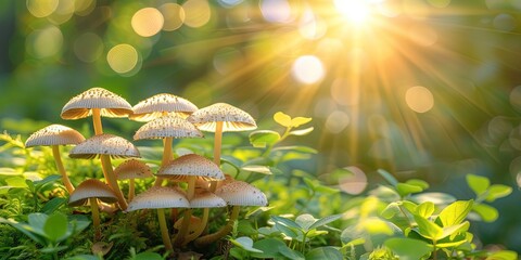 mushrooms in the bright afternoon sun in the morning during golden hour