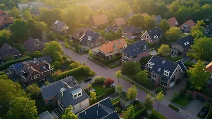 Poster top view at a Dutch Suburban area with modern family houses at sunset © Fokke Baarssen