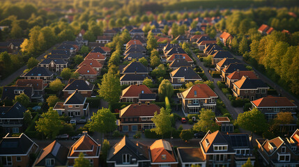 top view at a Dutch Suburban area with modern family houses, newly built modern family homes in the Netherlands, dutch family house, apartment house. Netherlands - obrazy, fototapety, plakaty