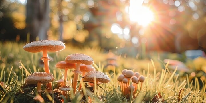 mushrooms in the bright afternoon sun in the morning during golden hour