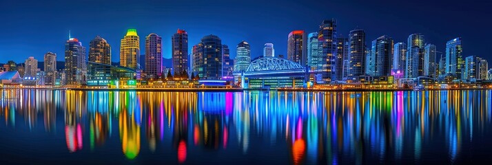 Colorful waterfront skyscrapers. Fictional city with tall buildings reflecting on the water surface.