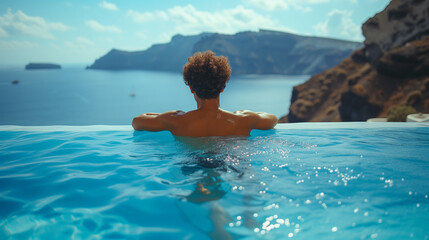 pool in a tropical resort, relaxing holidays, Young man during sunset by swim pool, men watching the sunset in an infinity pool