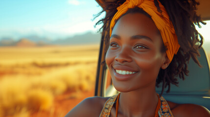 Black women on the road hanging outside a car window, enjoying a window view of the desert, and traveling in a car on a holiday road trip to South Africa. Travel adventure drive, happy summer vacation