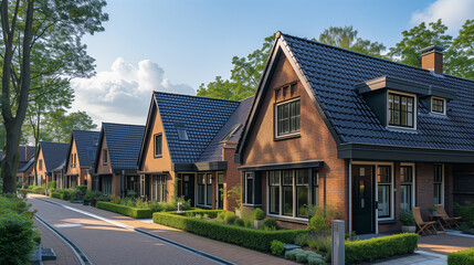Fototapeta na wymiar Dutch Suburban area with modern family houses, newly built modern family homes
