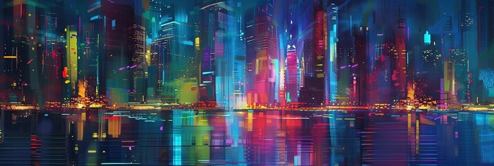 Colorful waterfront skyscrapers. Fictional city with tall buildings reflecting on the water surface.