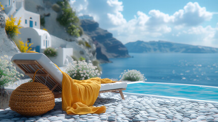empty sunbed with wrapped yellow towels by a pool with an ocean view in Santorini Greece, European summer - obrazy, fototapety, plakaty