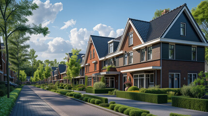 Dutch Suburban area with modern family houses, newly built modern family homes in the Netherlands, dutch family house, apartment house. Netherlands