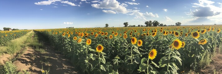 Yellow sunflowers growing in a large field during a summer afternoon - obrazy, fototapety, plakaty