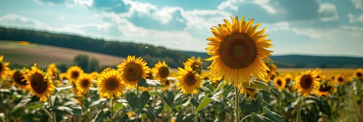 Yellow sunflowers growing in a large field during a summer afternoon
