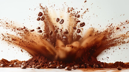 Coffee beans condense into coffee and coffee powder. Coffee beans dissolve and become coffee water. - obrazy, fototapety, plakaty