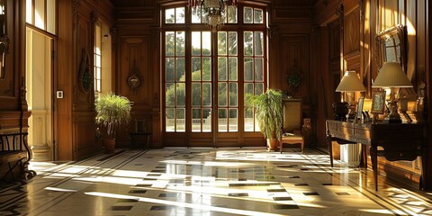 Interior of a luxury mansion - real estate for the ultra wealthy one percent. Empty interior - obrazy, fototapety, plakaty