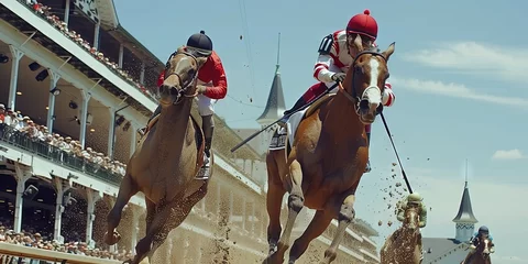 Gordijnen Horse racing concept with jockeys riding stallions on the track © Brian