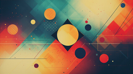A colorful geometric background with circles, triangles, and squares