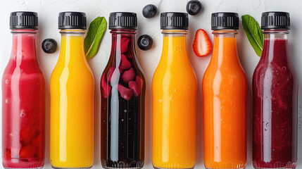 Set of natural vegetable or fruit juice bottles, black cap, no label.
