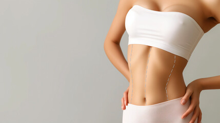 A close-up shot of a fit woman's abdomen with dashed lines, showcasing fitness or wellness concept. The light background provides ample space for adding text or graphics.