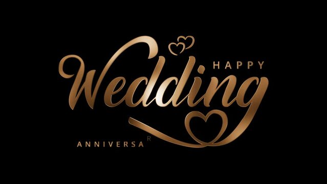 isolated calligraphy of happy wedding anniversary animated with gold color	
