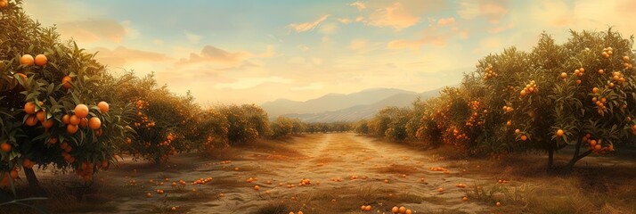 Orange grove with trees filled with colorful fruits - obrazy, fototapety, plakaty