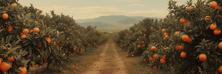 Orange grove with trees filled with colorful fruits - obrazy, fototapety, plakaty