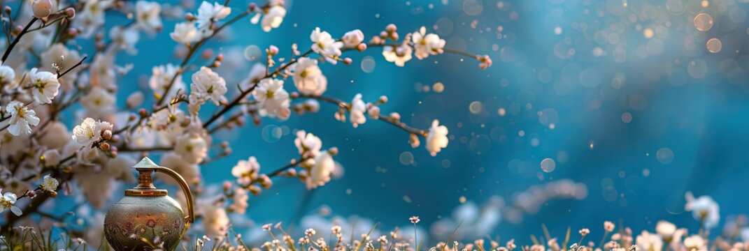 Nowruz concept with fresh flowers and plants on solid background