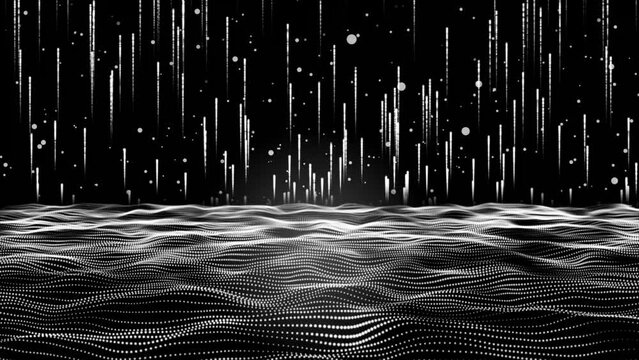 Abstract white dynamic smooth dots wave and articles flying. Sound wave concept. Futuristic particle flow on a white background. Abstract background
