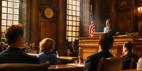 Courtroom concept design by AI to represent the justice system with prosecutors, public defenders, and the judge - obrazy, fototapety, plakaty